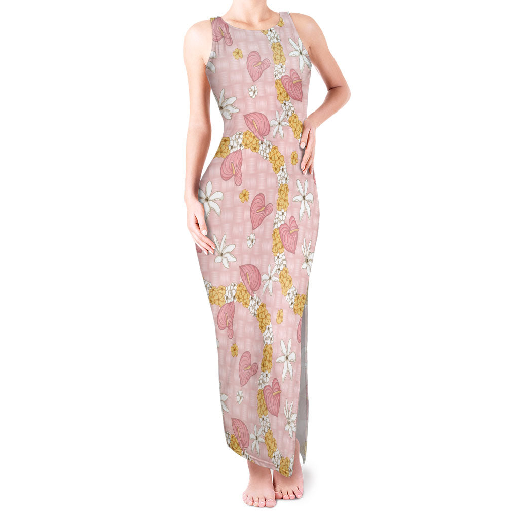 Hawaii Anthurium Tiare Pikake Lei Tank Maxi Dress Akala Lauhala Art Pattern LT01 Women Pink - Polynesian Pride