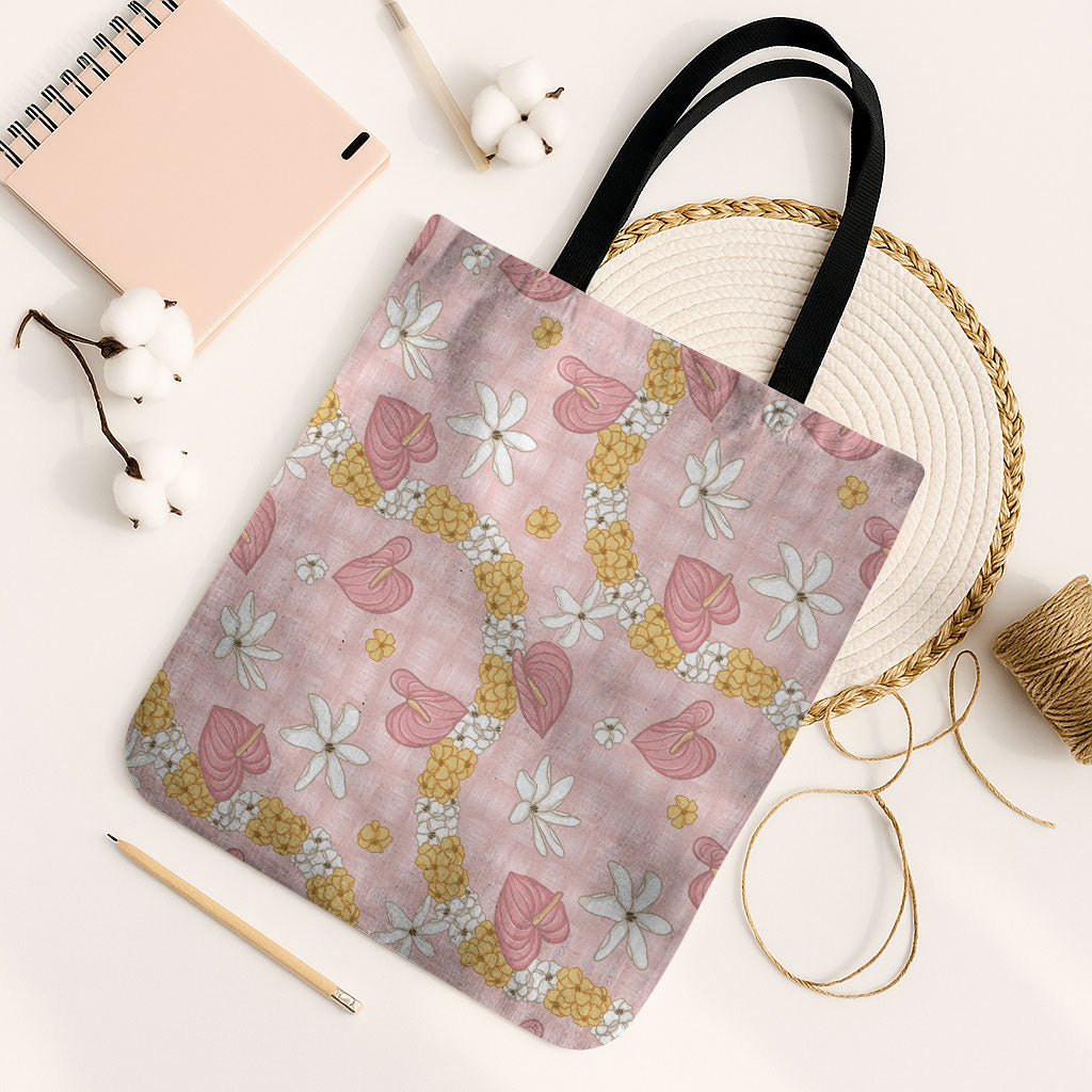 Hawaii Anthurium Tiare Pikake Lei Tote Bag Akala Lauhala Art Pattern LT01 Black Strap One Size Pink - Polynesian Pride