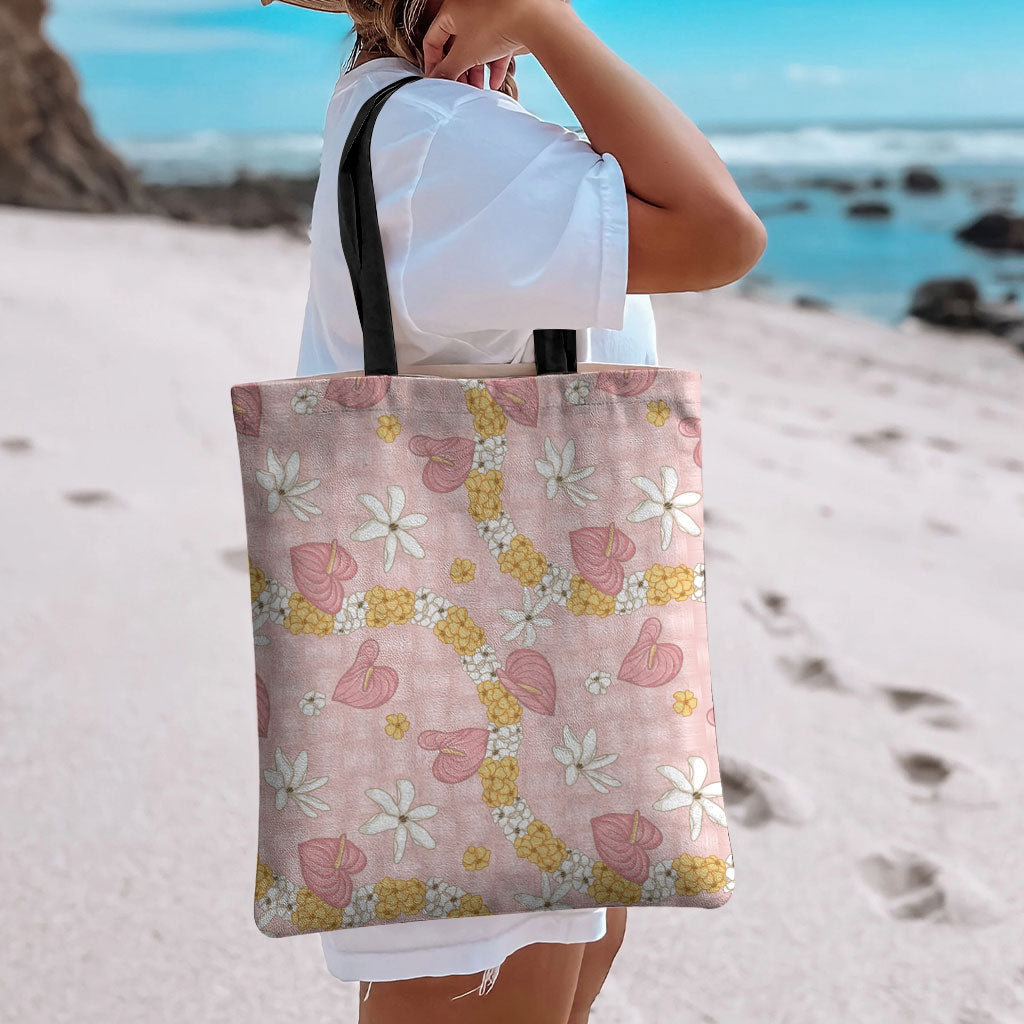 Hawaii Anthurium Tiare Pikake Lei Tote Bag Akala Lauhala Art Pattern LT01 - Polynesian Pride