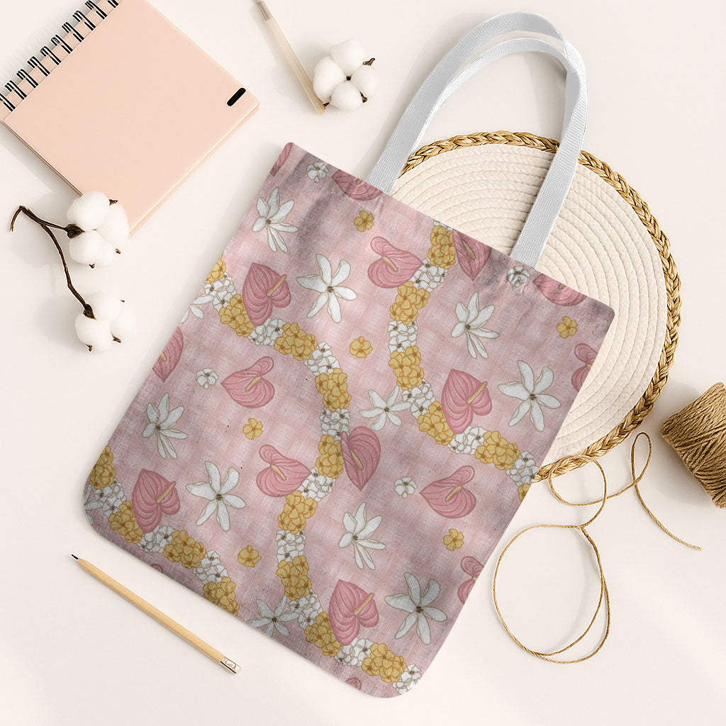 Hawaii Anthurium Tiare Pikake Lei Tote Bag Akala Lauhala Art Pattern LT01 White Strap One Size Pink - Polynesian Pride