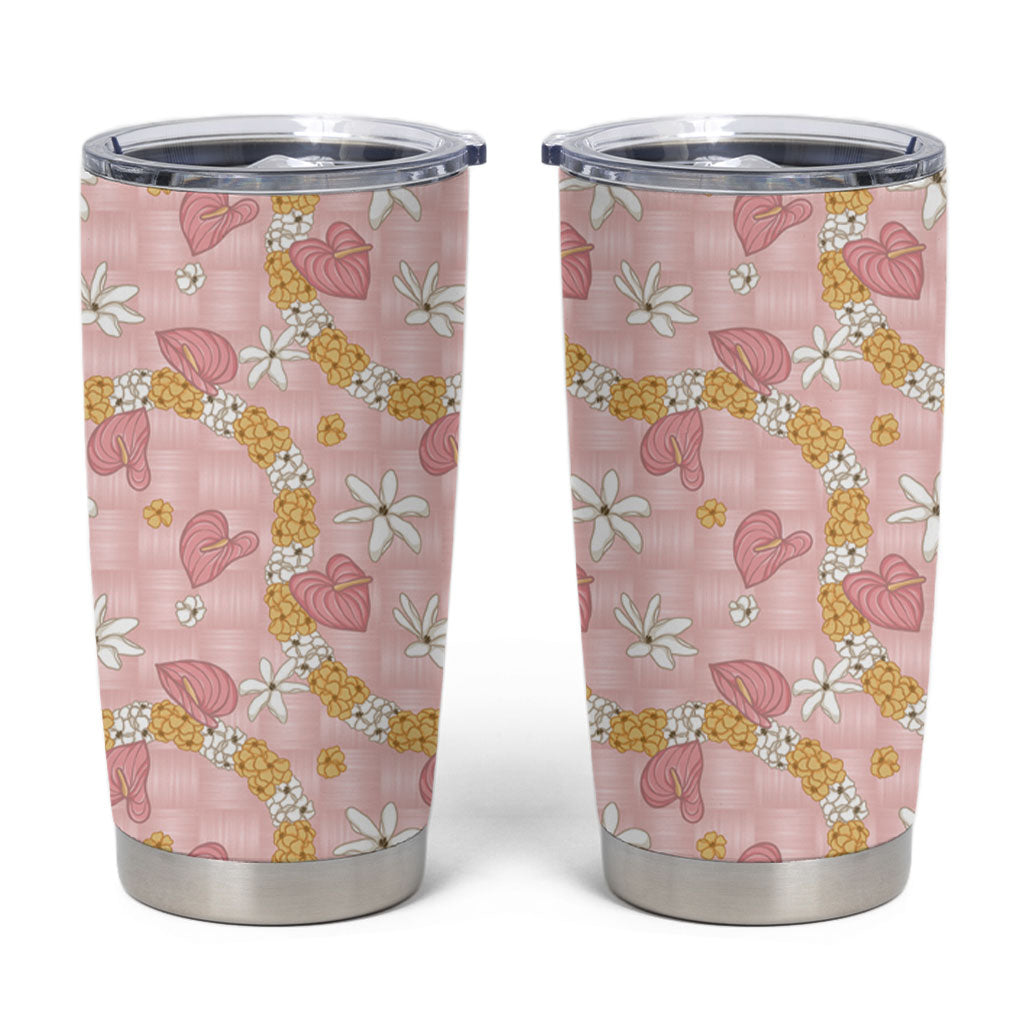 Hawaii Anthurium Tiare Pikake Lei Tumbler Cup Akala Lauhala Art Pattern LT01 Pink - Polynesian Pride
