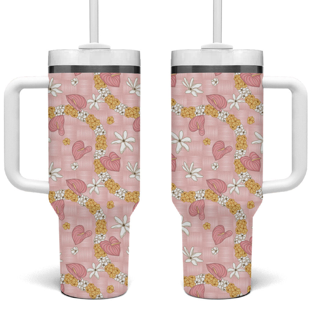 Hawaii Anthurium Tiare Pikake Lei Tumbler With Handle Akala Lauhala Art Pattern LT01 One Size: 40 oz Pink - Polynesian Pride