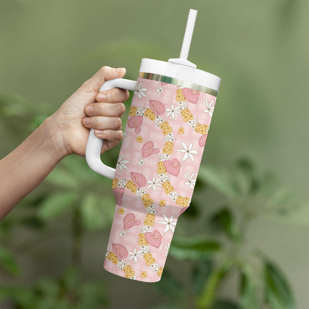 Hawaii Anthurium Tiare Pikake Lei Tumbler With Handle Akala Lauhala Art Pattern LT01 - Polynesian Pride