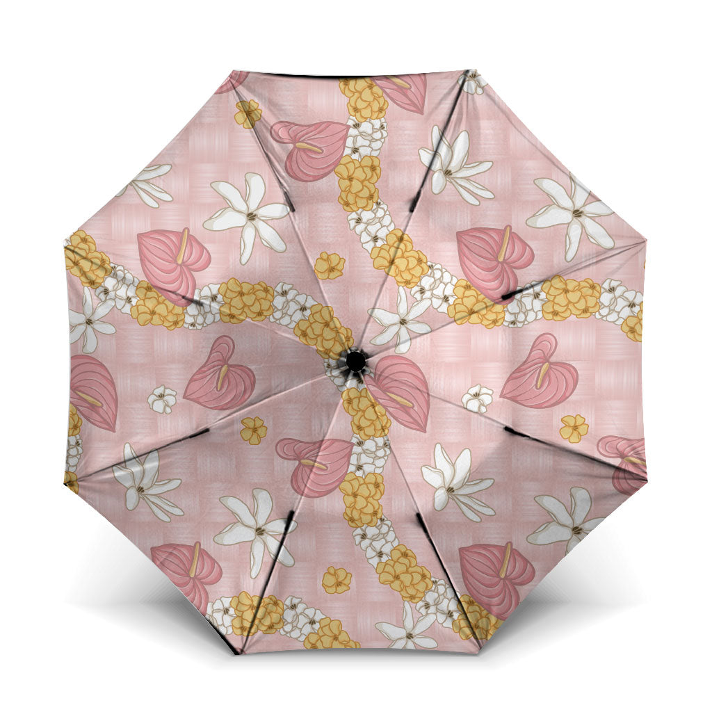 Hawaii Anthurium Tiare Pikake Lei Umbrella Akala Lauhala Art Pattern LT01 One Size Folded 11.42 inch Opened Diameter 37.4 inch Pink - Polynesian Pride