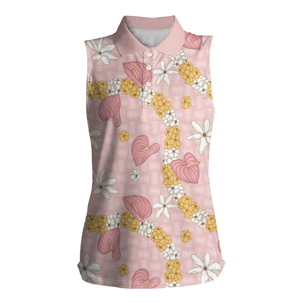 Hawaii Anthurium Tiare Pikake Lei Women Sleeveless Polo Shirt Akala Lauhala Art Pattern