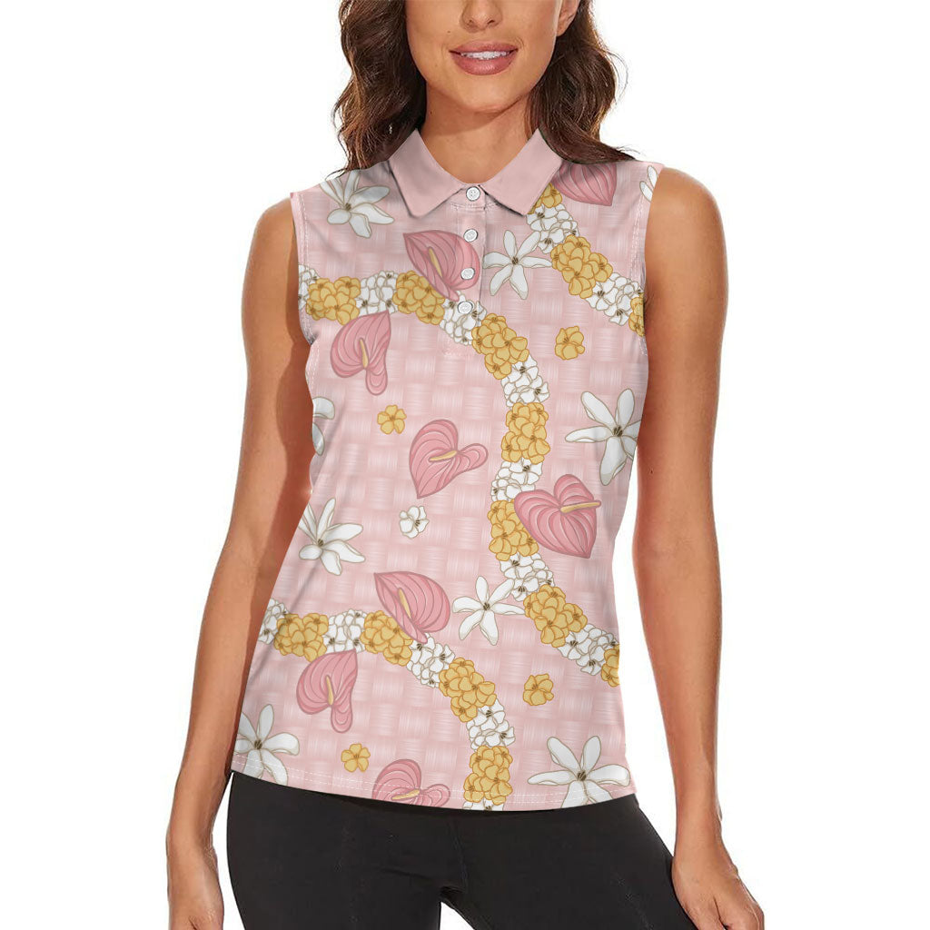 Hawaii Anthurium Tiare Pikake Lei Women Sleeveless Polo Shirt Akala Lauhala Art Pattern LT01 - Polynesian Pride