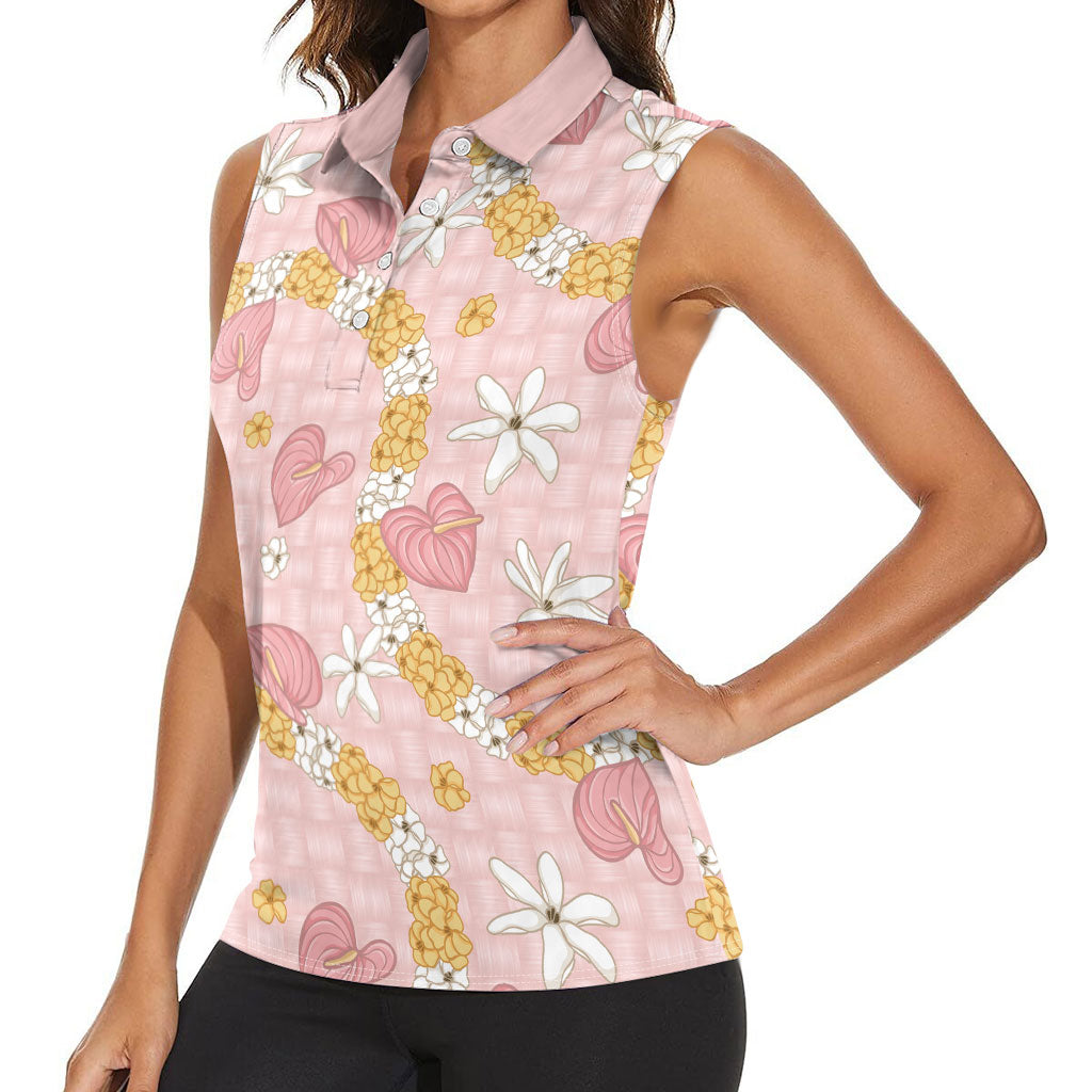 Hawaii Anthurium Tiare Pikake Lei Women Sleeveless Polo Shirt Akala Lauhala Art Pattern LT01 - Polynesian Pride