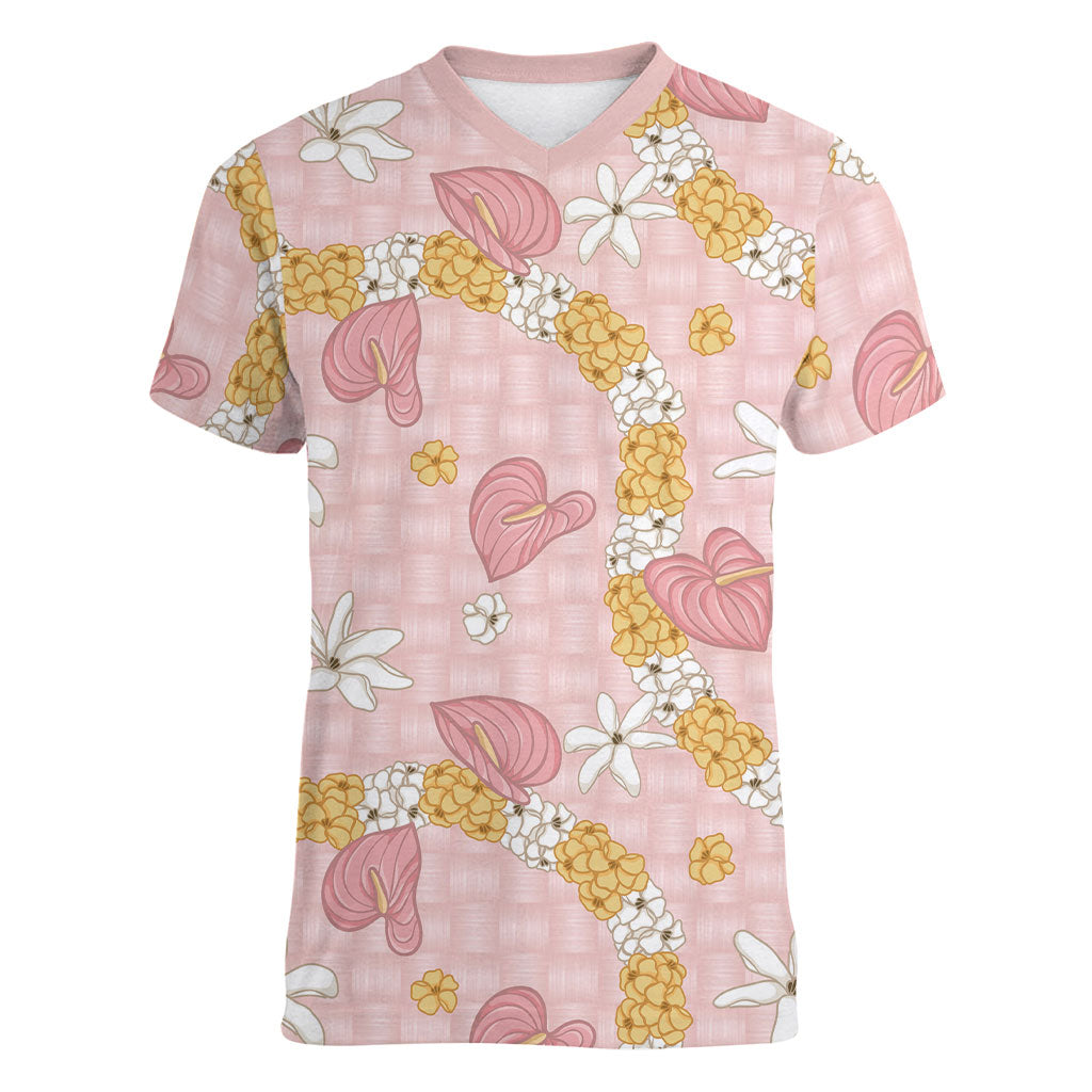 Hawaii Anthurium Tiare Pikake Lei Women V-Neck T-Shirt Akala Lauhala Art Pattern LT01 Female Pink - Polynesian Pride