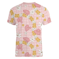 Hawaii Anthurium Tiare Pikake Lei Women V-Neck T-Shirt Akala Lauhala Art Pattern LT01 - Polynesian Pride