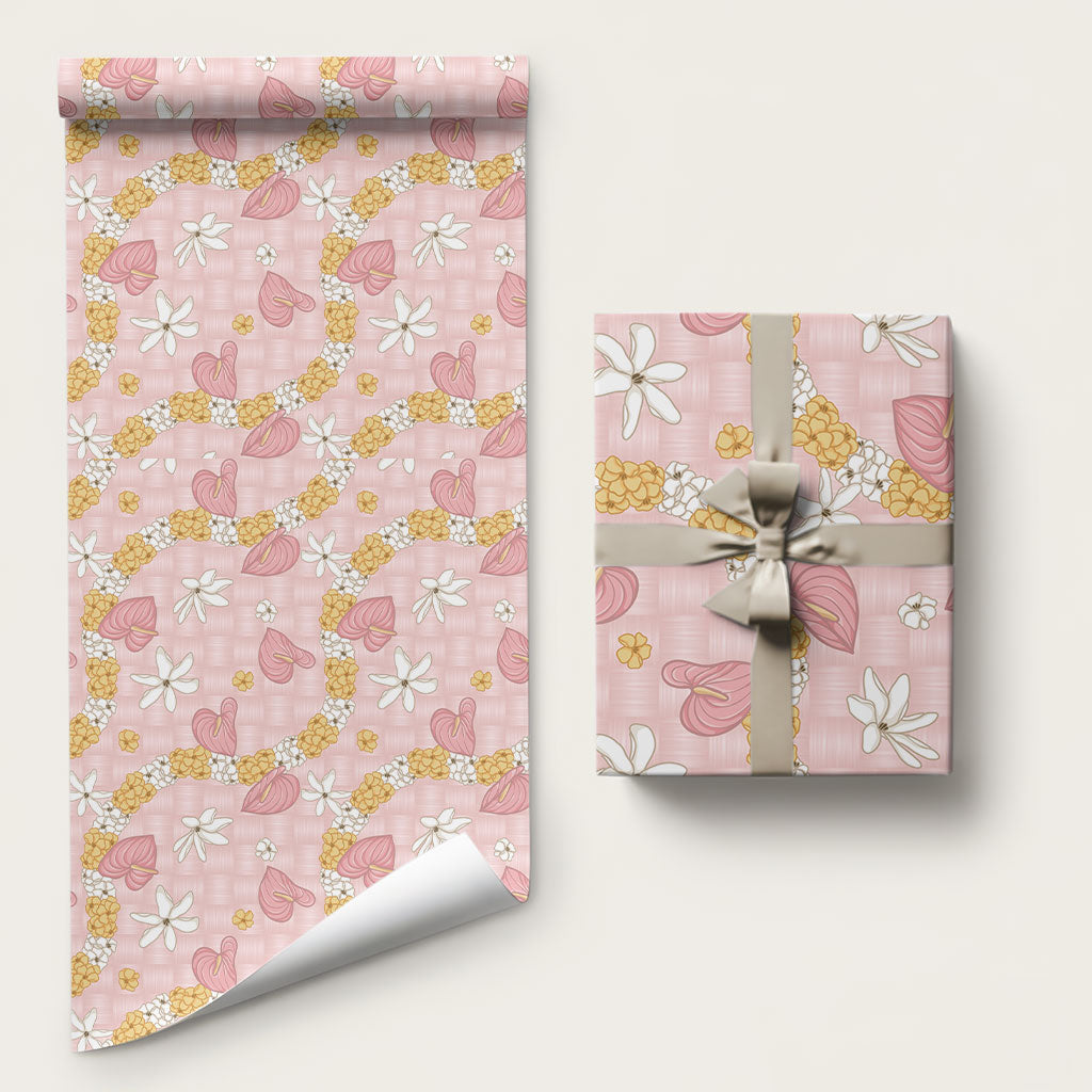 Hawaii Anthurium Tiare Pikake Lei Wrapping Paper Akala Lauhala Art Pattern LT01 58" × 23" Pink - Polynesian Pride