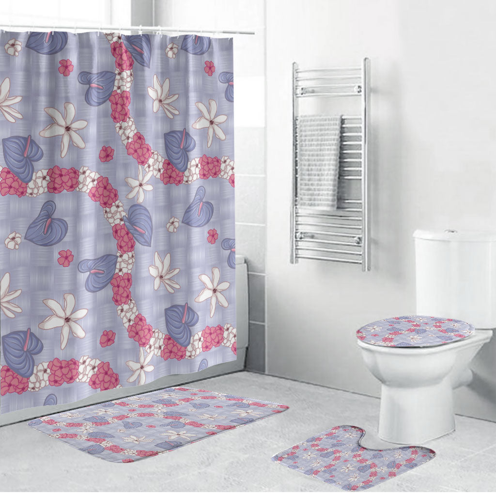 Hawaii Anthurium Tiare Pikake Lei Bathroom Set Poni Lauhala Art Pattern LT01 Bathroom Set (4 pcs) Purple - Polynesian Pride