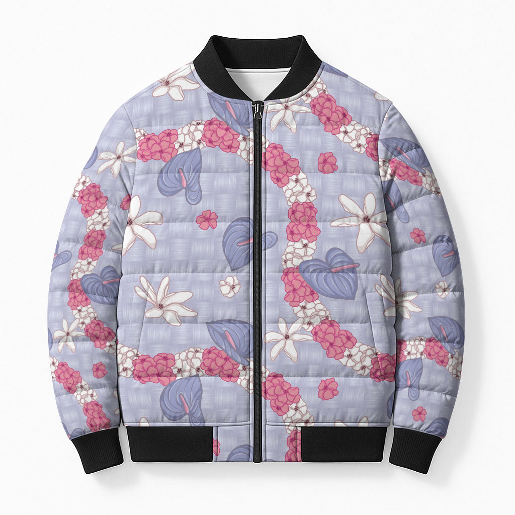 Hawaii Anthurium Tiare Pikake Lei Bomber Puffer Jacket Poni Lauhala Art Pattern