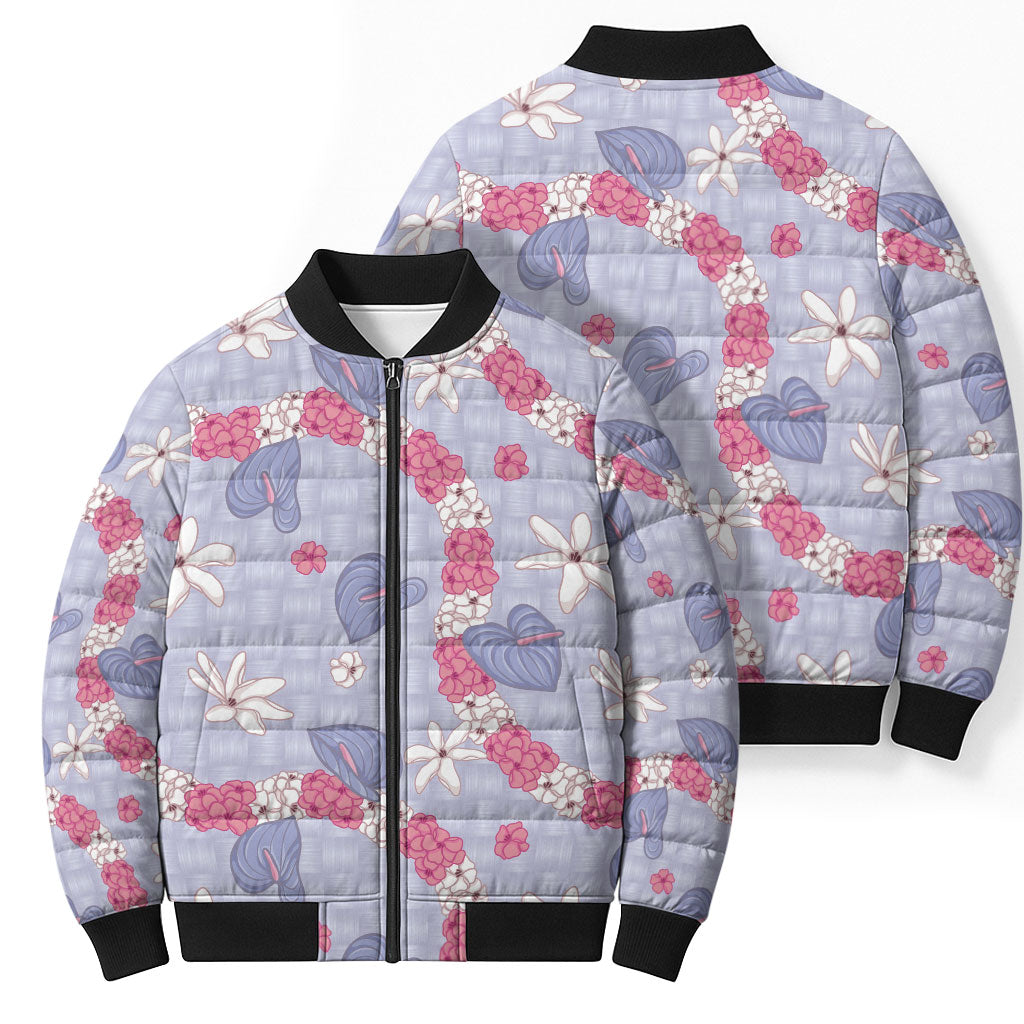 Hawaii Anthurium Tiare Pikake Lei Bomber Puffer Jacket Poni Lauhala Art Pattern LT01 - Polynesian Pride