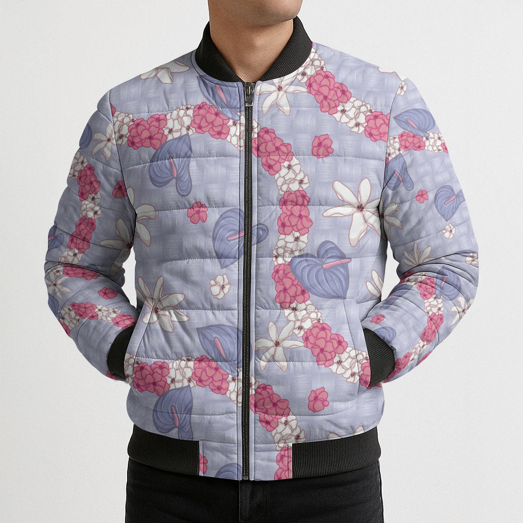 Hawaii Anthurium Tiare Pikake Lei Bomber Puffer Jacket Poni Lauhala Art Pattern LT01 - Polynesian Pride