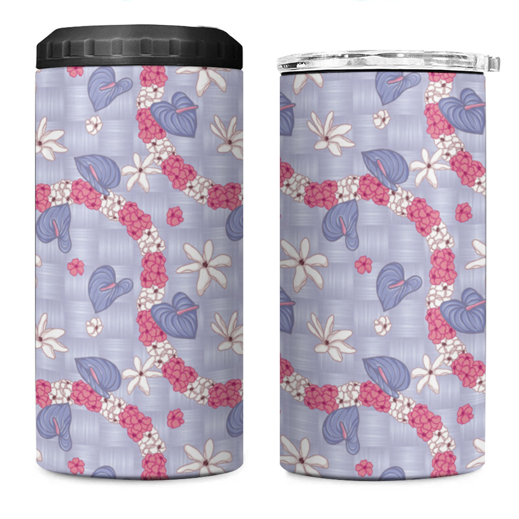 Hawaii Anthurium Tiare Pikake Lei 4 in 1 Can Cooler Tumbler Poni Lauhala Art Pattern