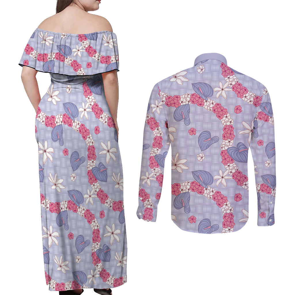 Hawaii Anthurium Tiare Pikake Lei Couples Matching Off Shoulder Maxi Dress and Long Sleeve Button Shirt Poni Lauhala Art Pattern LT01 - Polynesian Pride