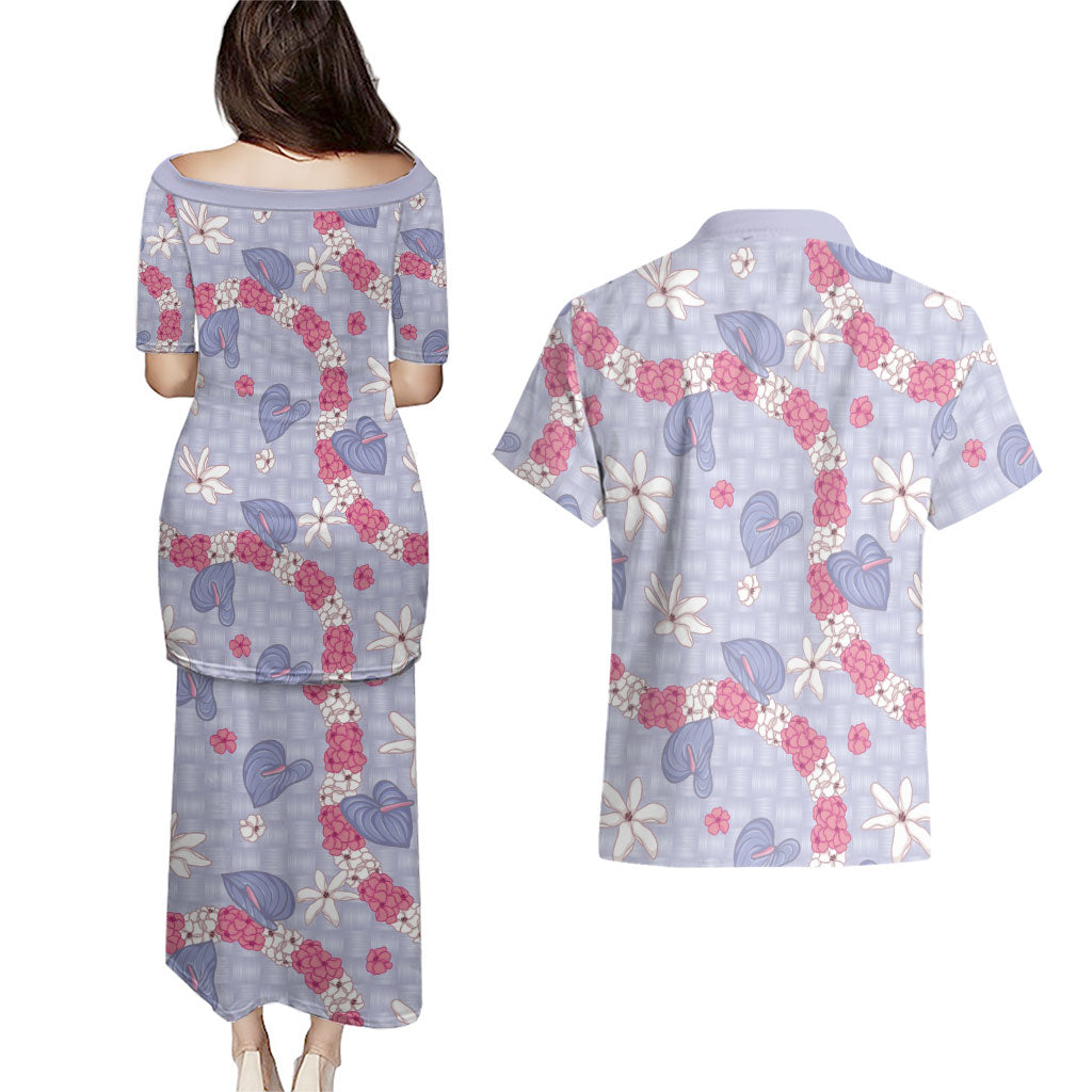 Hawaii Anthurium Tiare Pikake Lei Couples Matching Puletasi and Hawaiian Shirt Poni Lauhala Art Pattern