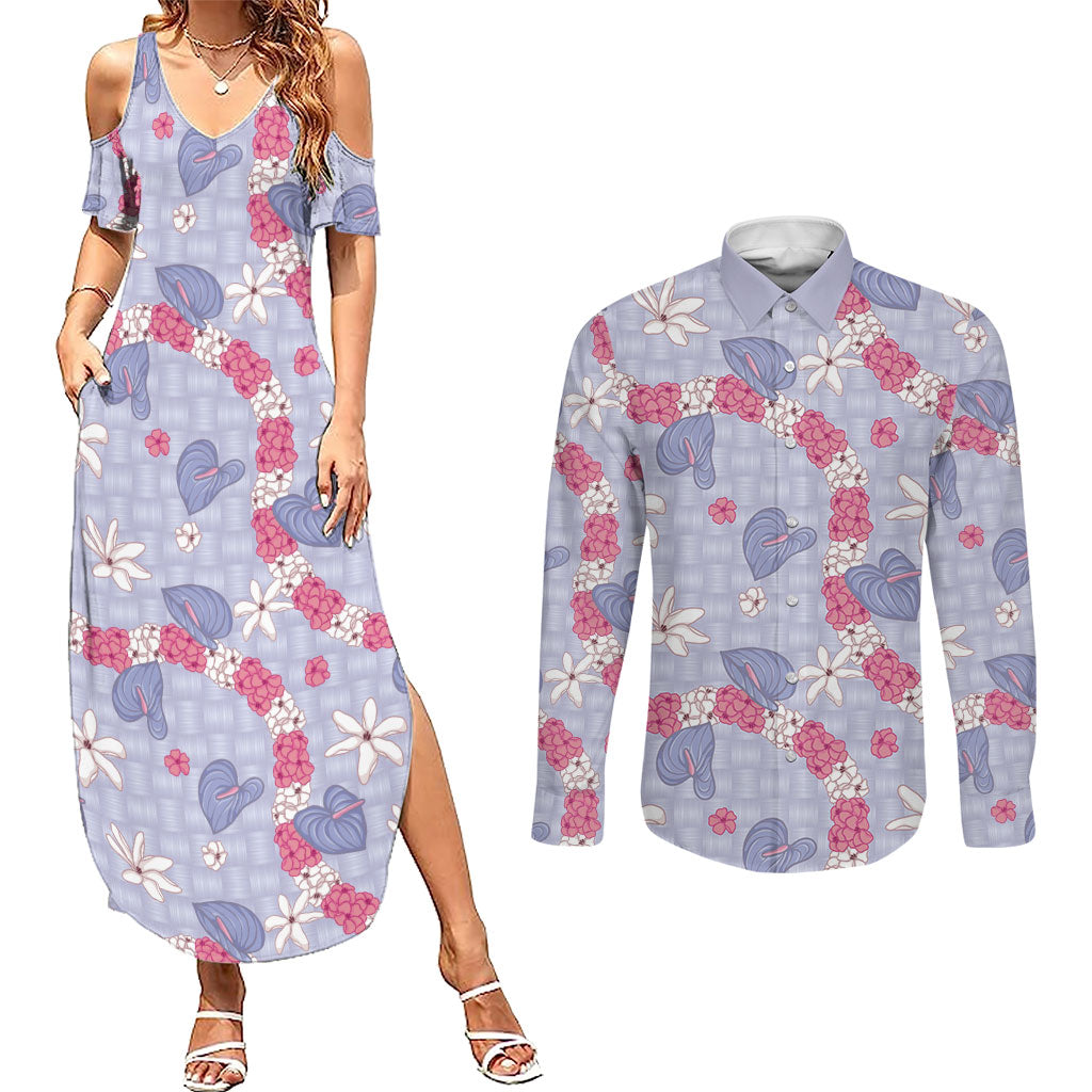 Hawaii Anthurium Tiare Pikake Lei Couples Matching Summer Maxi Dress and Long Sleeve Button Shirt Poni Lauhala Art Pattern