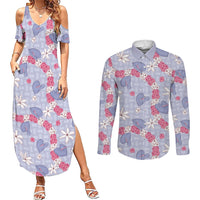 Hawaii Anthurium Tiare Pikake Lei Couples Matching Summer Maxi Dress and Long Sleeve Button Shirt Poni Lauhala Art Pattern