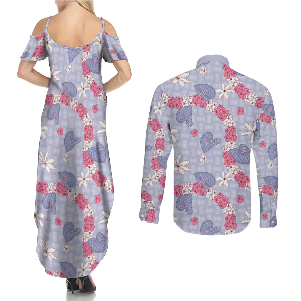 Hawaii Anthurium Tiare Pikake Lei Couples Matching Summer Maxi Dress and Long Sleeve Button Shirt Poni Lauhala Art Pattern