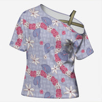Hawaii Anthurium Tiare Pikake Lei Cross Shoulder Shirt Poni Lauhala Art Pattern LT01 Female Purple - Polynesian Pride