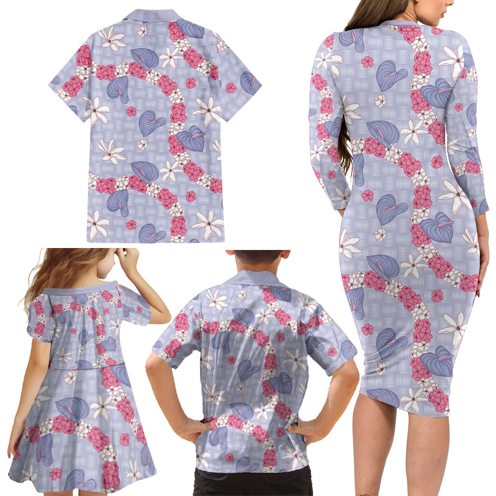 Hawaii Anthurium Tiare Pikake Lei Family Matching Long Sleeve Bodycon Dress and Hawaiian Shirt Poni Lauhala Art Pattern