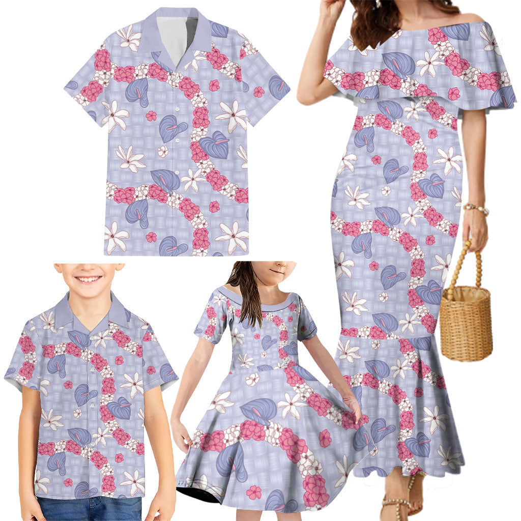 Hawaii Anthurium Tiare Pikake Lei Family Matching Mermaid Dress and Hawaiian Shirt Poni Lauhala Art Pattern