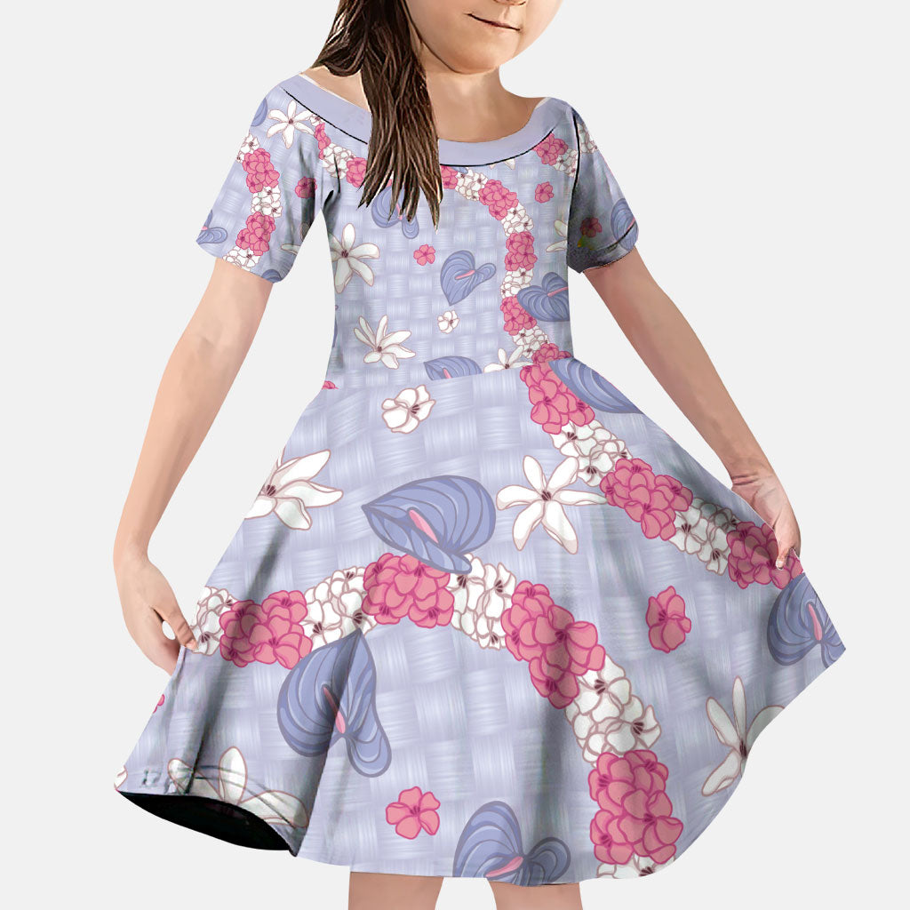Hawaii Anthurium Tiare Pikake Lei Family Matching Off Shoulder Short Dress and Hawaiian Shirt Poni Lauhala Art Pattern