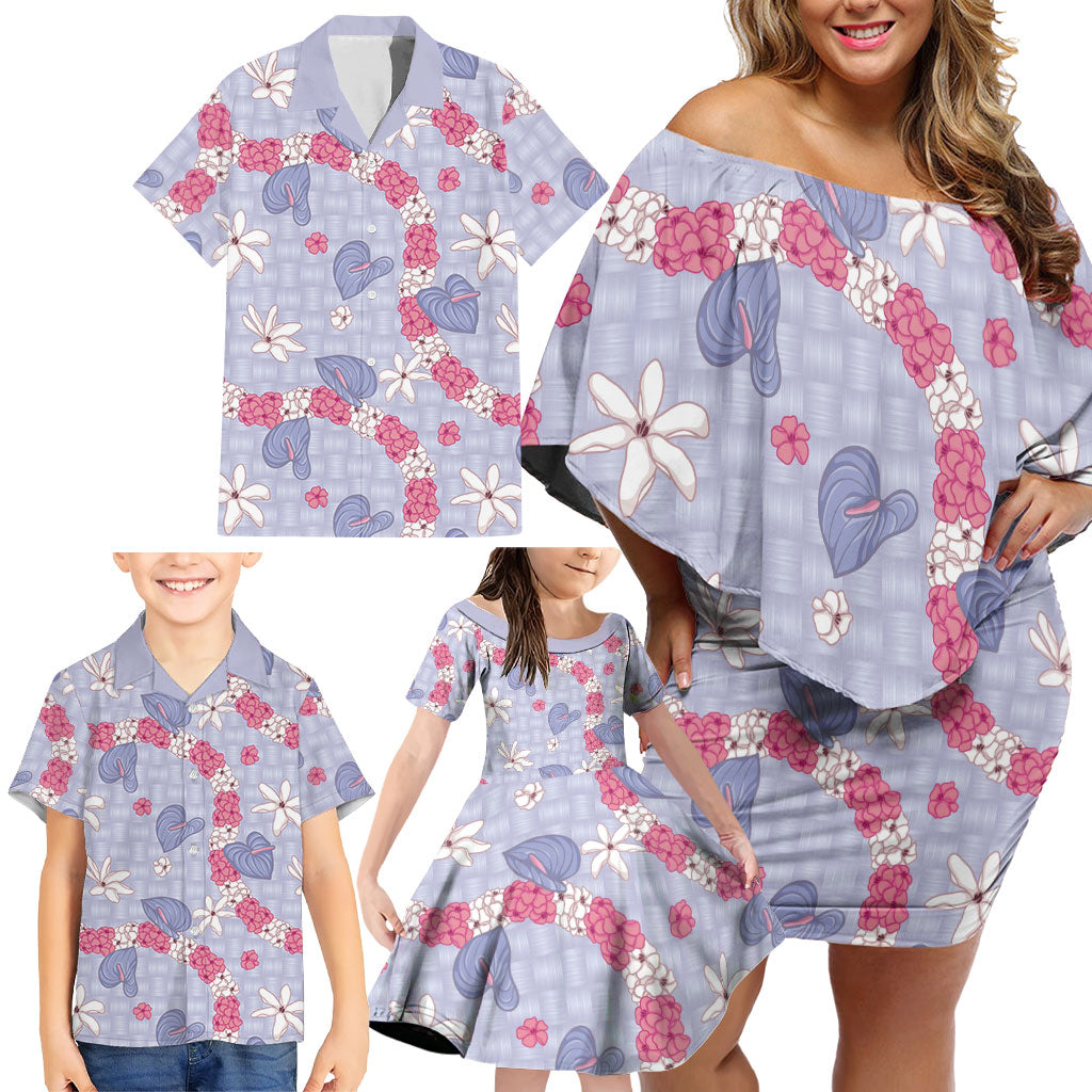 Hawaii Anthurium Tiare Pikake Lei Family Matching Off Shoulder Short Dress and Hawaiian Shirt Poni Lauhala Art Pattern