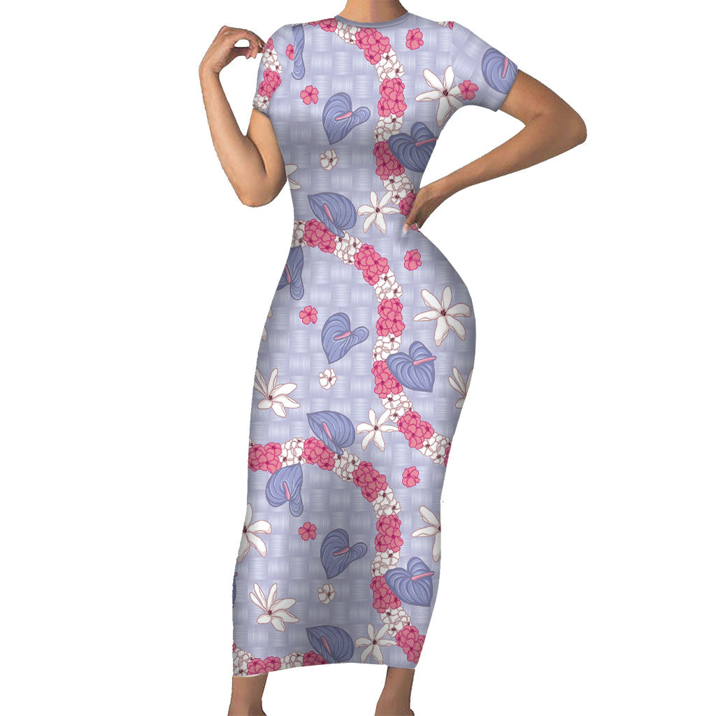 Hawaii Anthurium Tiare Pikake Lei Family Matching Short Sleeve Bodycon Dress and Hawaiian Shirt Poni Lauhala Art Pattern