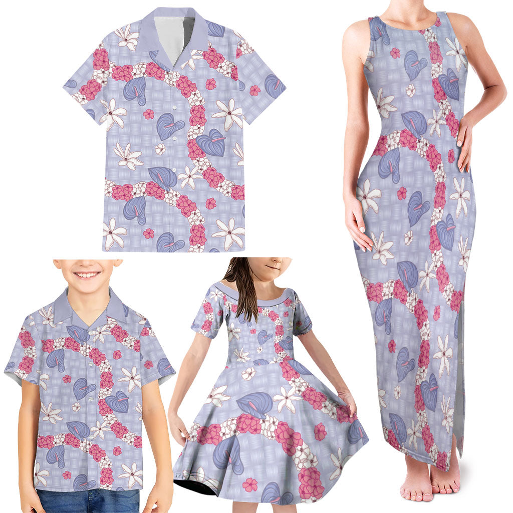 Hawaii Anthurium Tiare Pikake Lei Family Matching Tank Maxi Dress and Hawaiian Shirt Poni Lauhala Art Pattern