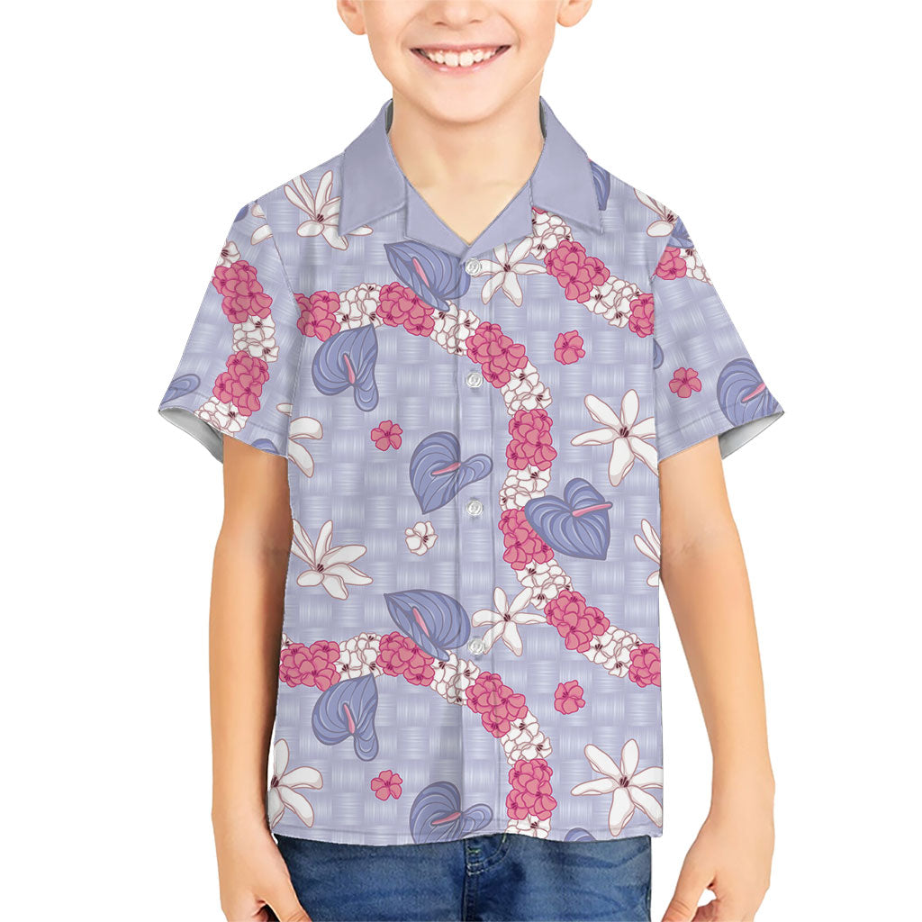 Hawaii Anthurium Tiare Pikake Lei Kid Hawaiian Shirt Poni Lauhala Art Pattern LT01 Kid Purple - Polynesian Pride