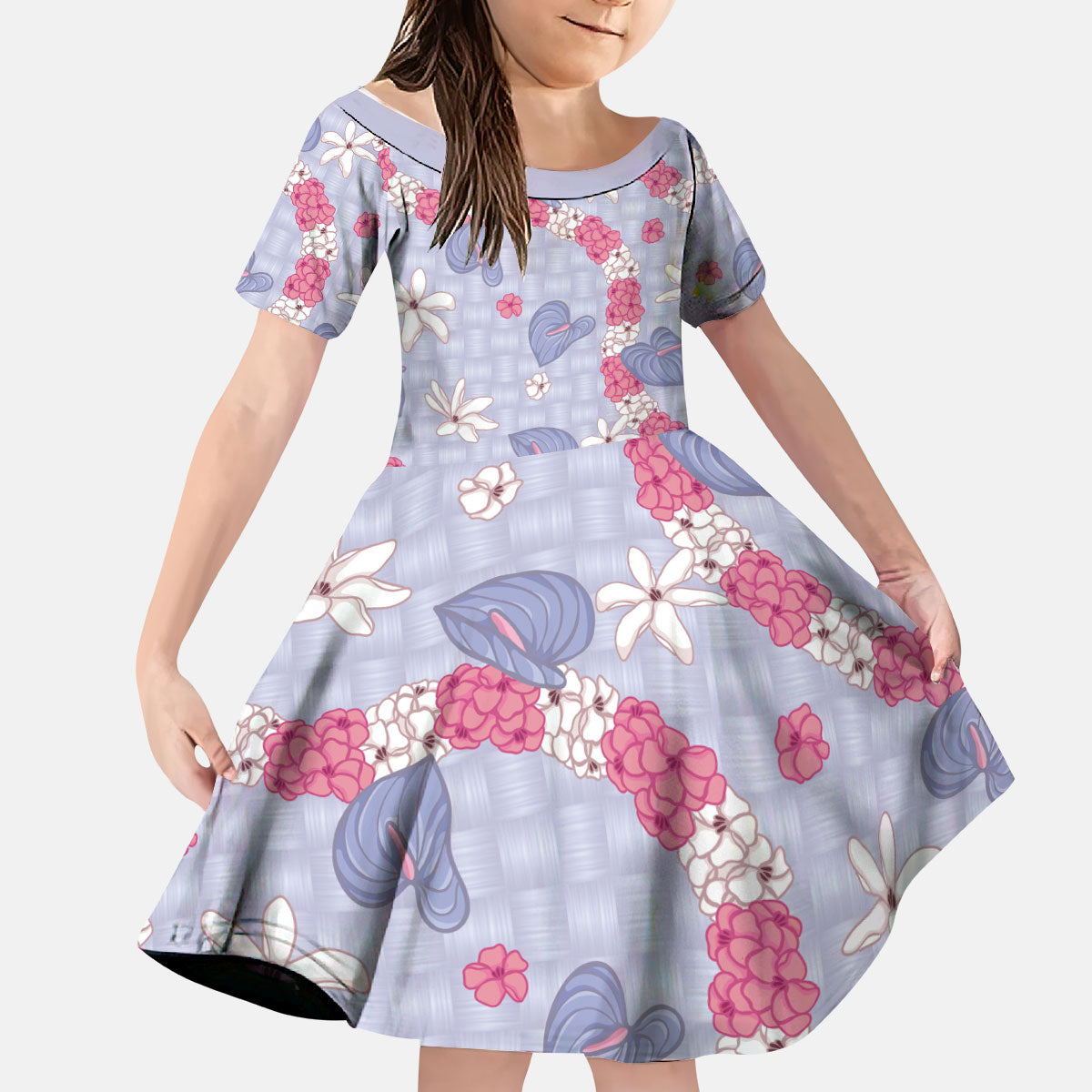 Hawaii Anthurium Tiare Pikake Lei Kid Short Sleeve Dress Poni Lauhala Art Pattern LT01 KID Purple - Polynesian Pride