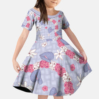 Hawaii Anthurium Tiare Pikake Lei Kid Short Sleeve Dress Poni Lauhala Art Pattern LT01 KID Purple - Polynesian Pride