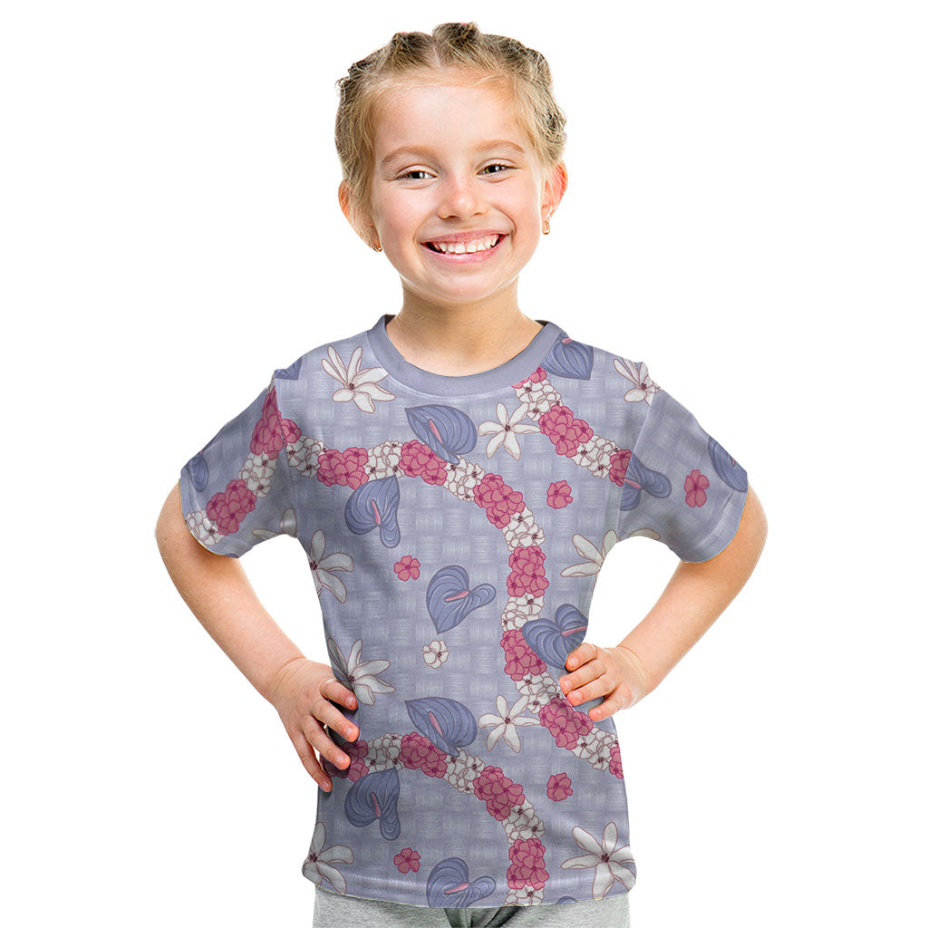 Hawaii Anthurium Tiare Pikake Lei Kid T Shirt Poni Lauhala Art Pattern LT01 Purple - Polynesian Pride