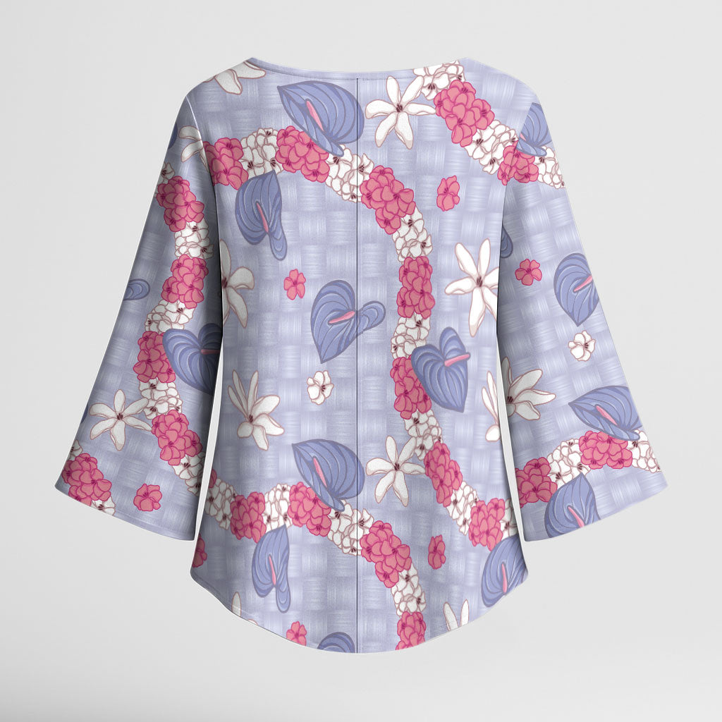 Hawaii Anthurium Tiare Pikake Lei Kimono Sleeve Blouse Poni Lauhala Art Pattern LT01 - Polynesian Pride
