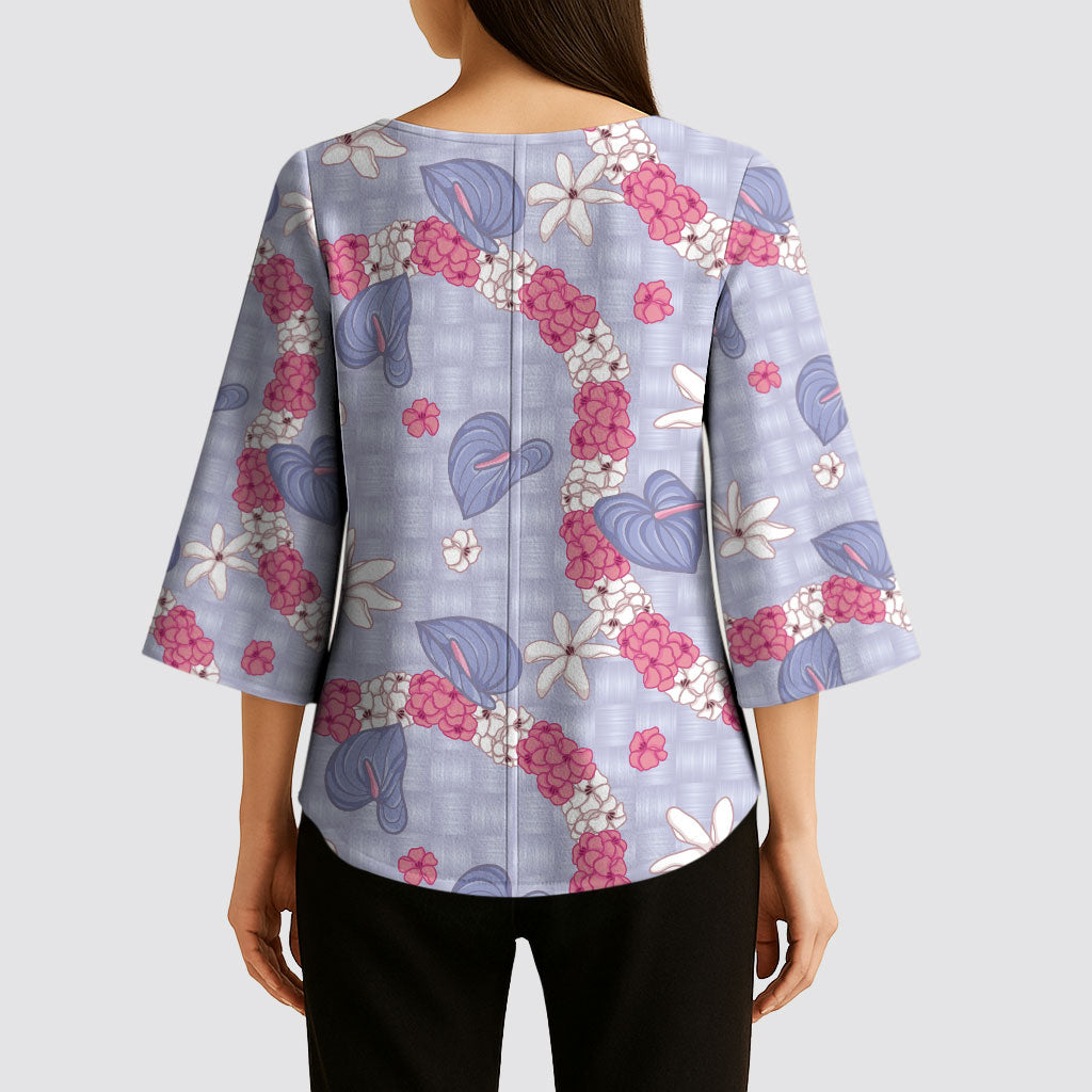Hawaii Anthurium Tiare Pikake Lei Kimono Sleeve Blouse Poni Lauhala Art Pattern LT01 - Polynesian Pride
