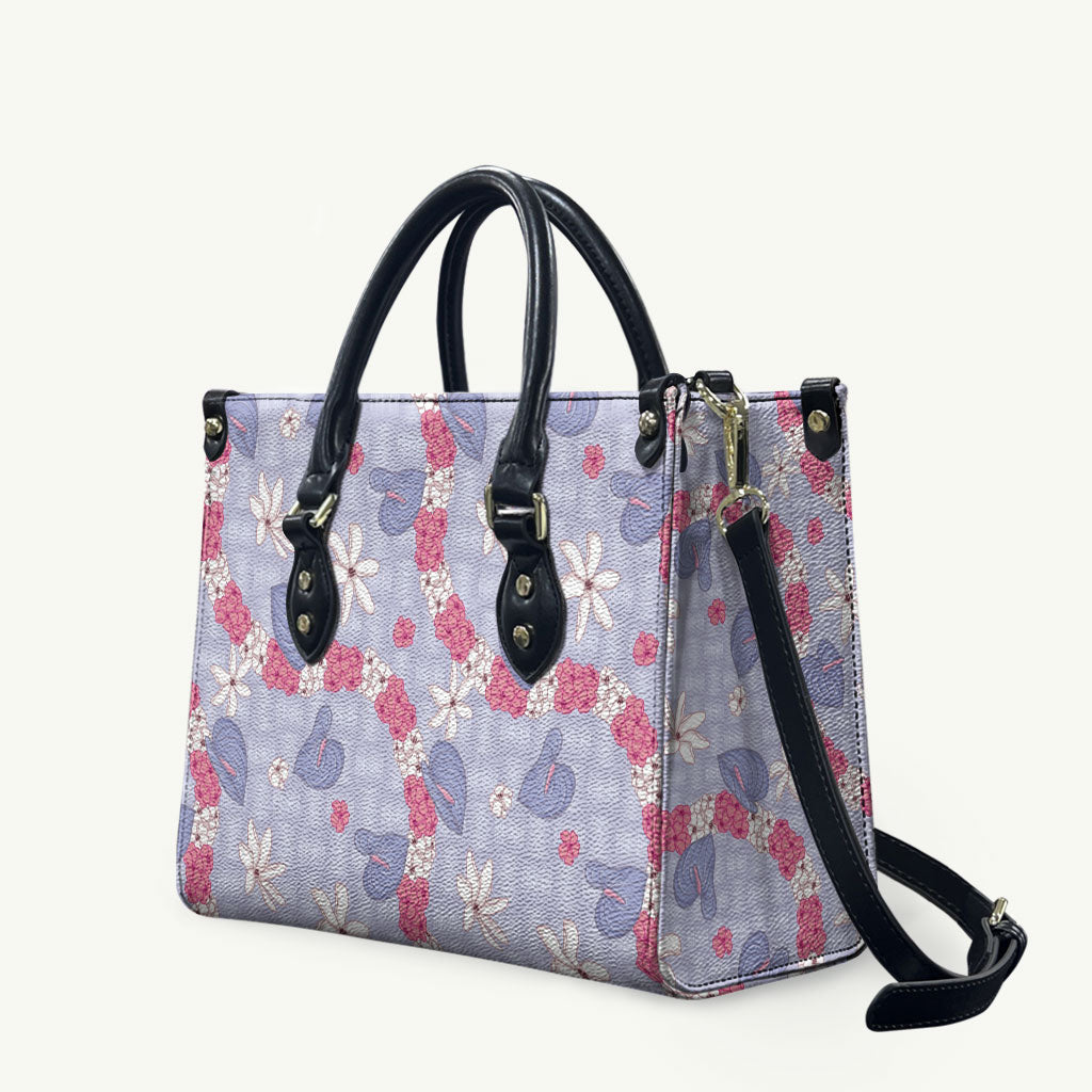 Hawaii Anthurium Tiare Pikake Lei Leather Bag Poni Lauhala Art Pattern LT01 Purple - Polynesian Pride