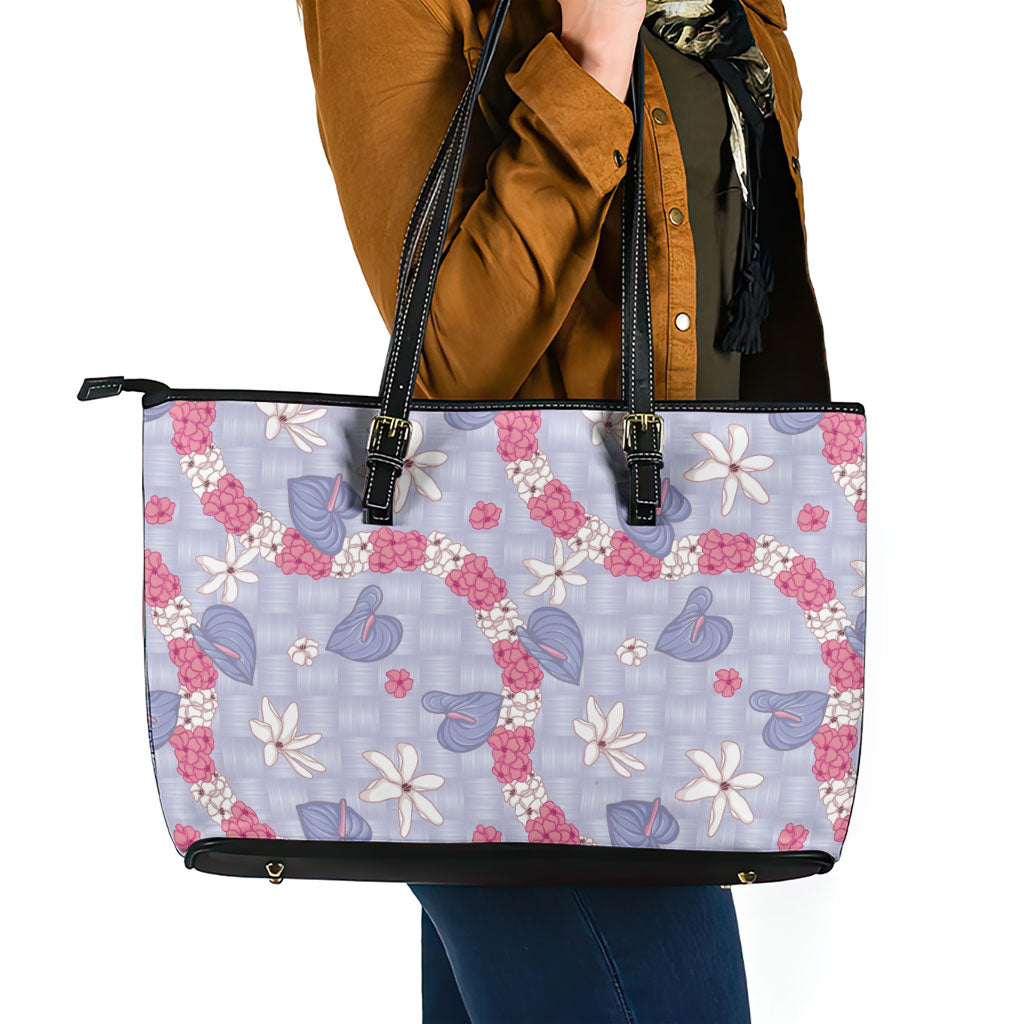 Hawaii Anthurium Tiare Pikake Lei Leather Tote Bag Poni Lauhala Art Pattern LT01 - Polynesian Pride