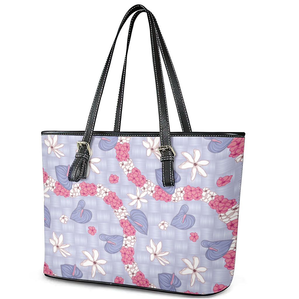 Hawaii Anthurium Tiare Pikake Lei Leather Tote Bag Poni Lauhala Art Pattern LT01 - Polynesian Pride