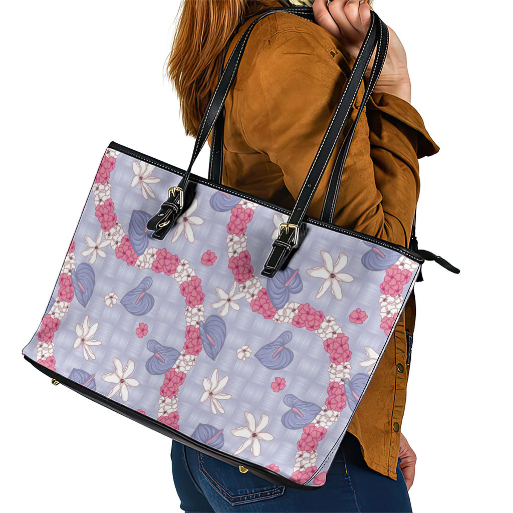 Hawaii Anthurium Tiare Pikake Lei Leather Tote Bag Poni Lauhala Art Pattern LT01 - Polynesian Pride