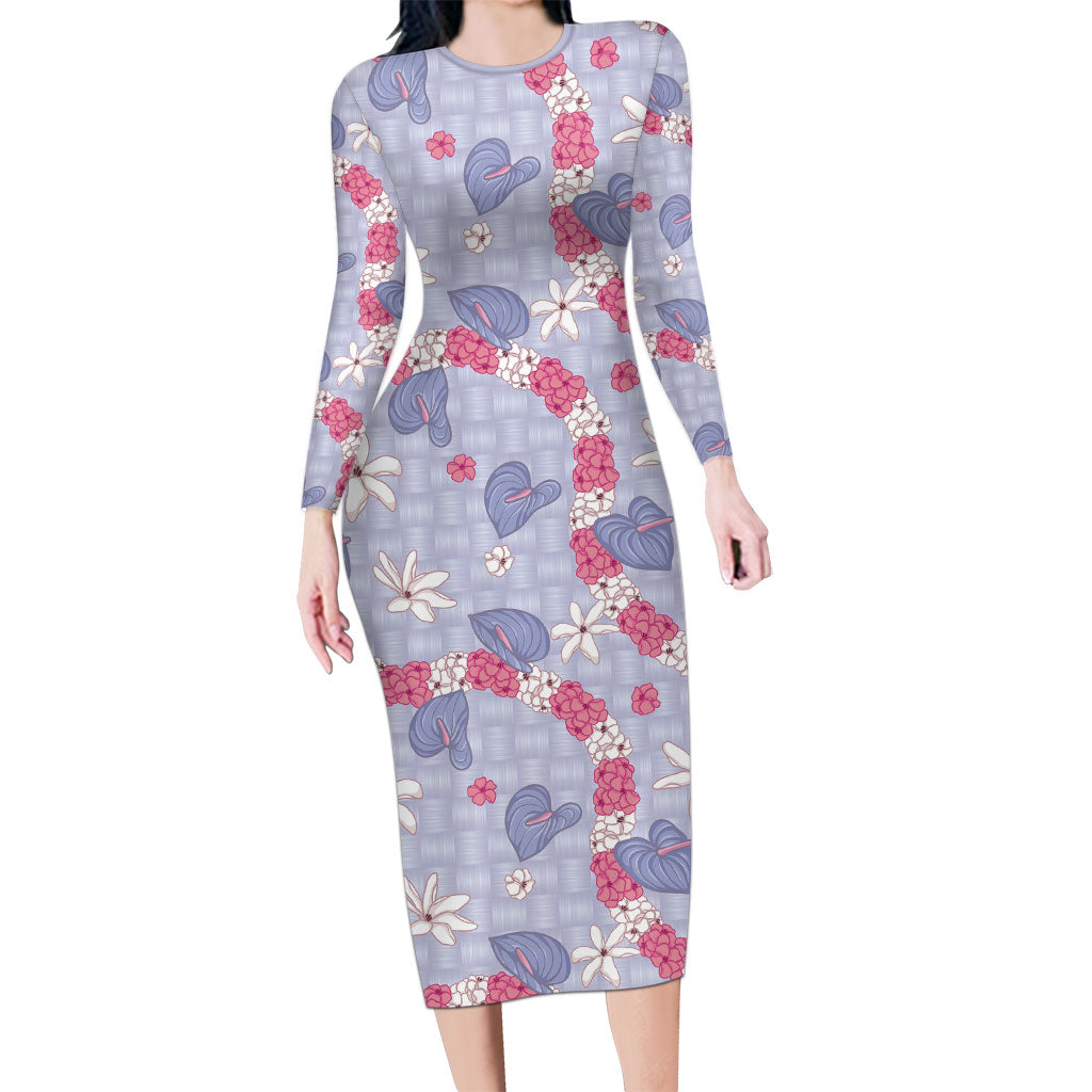 Hawaii Anthurium Tiare Pikake Lei Long Sleeve Bodycon Dress Poni Lauhala Art Pattern LT01 Long Dress Purple - Polynesian Pride