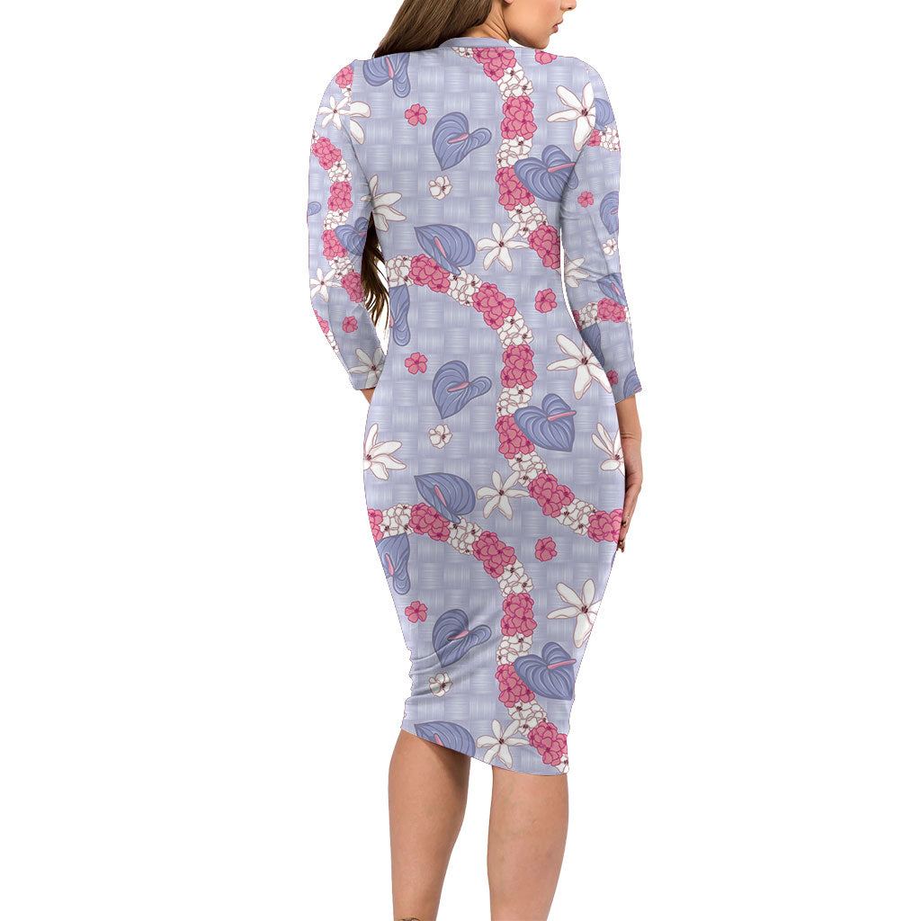 Hawaii Anthurium Tiare Pikake Lei Long Sleeve Bodycon Dress Poni Lauhala Art Pattern LT01 - Polynesian Pride