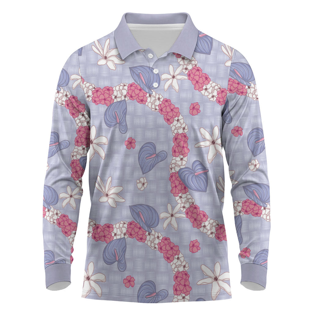 Hawaii Anthurium Tiare Pikake Lei Long Sleeve Polo Shirt Poni Lauhala Art Pattern LT01 Purple - Polynesian Pride