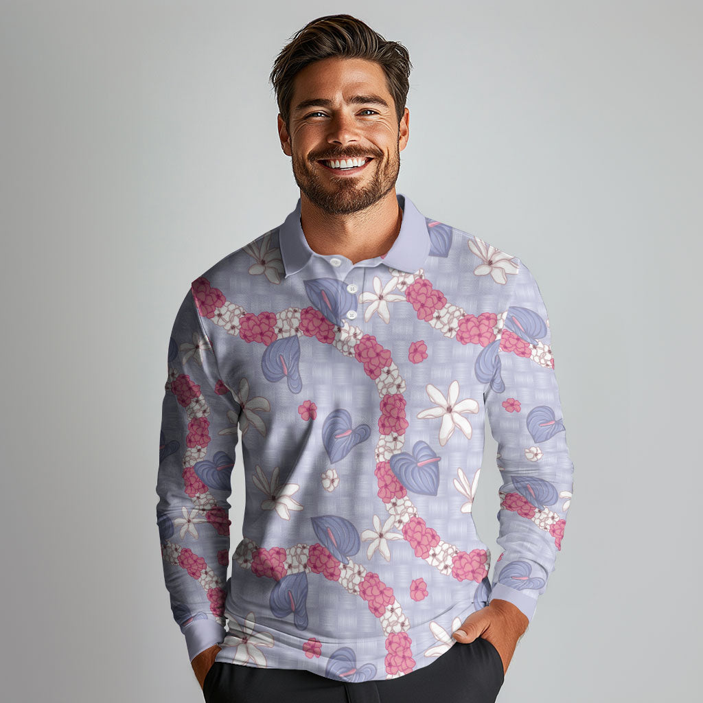 Hawaii Anthurium Tiare Pikake Lei Long Sleeve Polo Shirt Poni Lauhala Art Pattern LT01 - Polynesian Pride