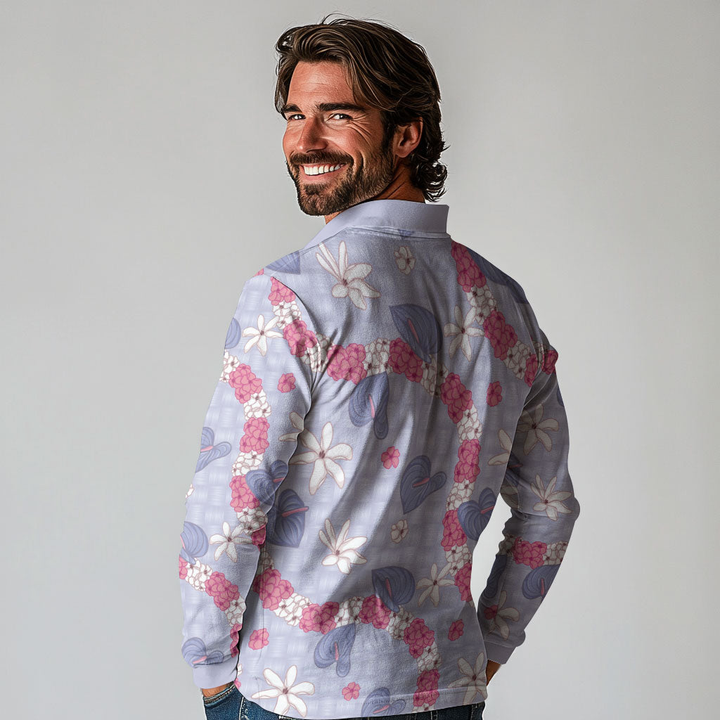 Hawaii Anthurium Tiare Pikake Lei Long Sleeve Polo Shirt Poni Lauhala Art Pattern LT01 - Polynesian Pride