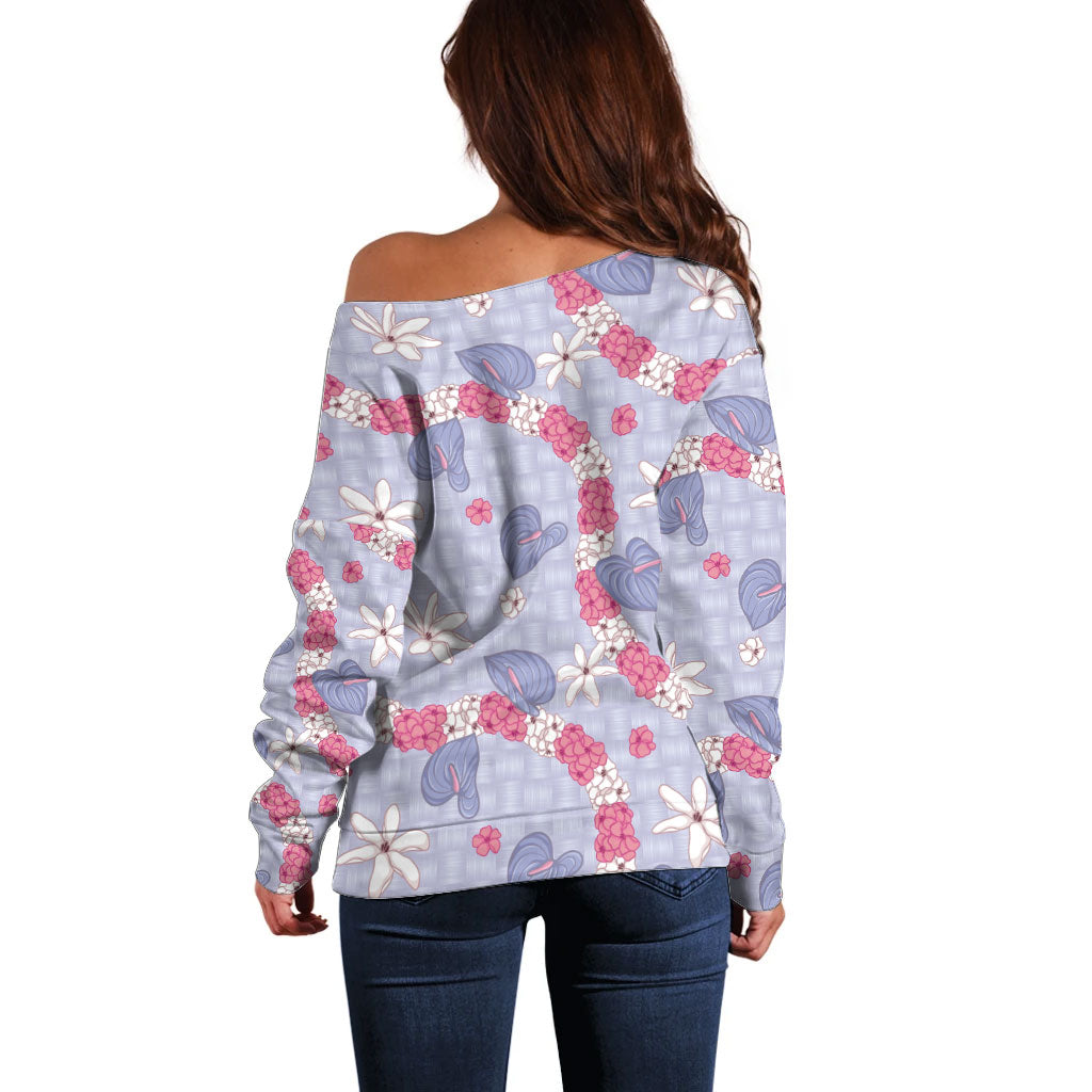Hawaii Anthurium Tiare Pikake Lei Off Shoulder Sweater Poni Lauhala Art Pattern LT01 - Polynesian Pride