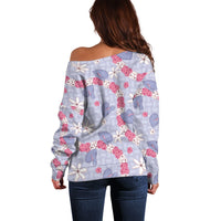 Hawaii Anthurium Tiare Pikake Lei Off Shoulder Sweater Poni Lauhala Art Pattern LT01 - Polynesian Pride