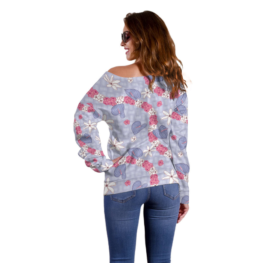 Hawaii Anthurium Tiare Pikake Lei Off Shoulder Sweater Poni Lauhala Art Pattern LT01 - Polynesian Pride