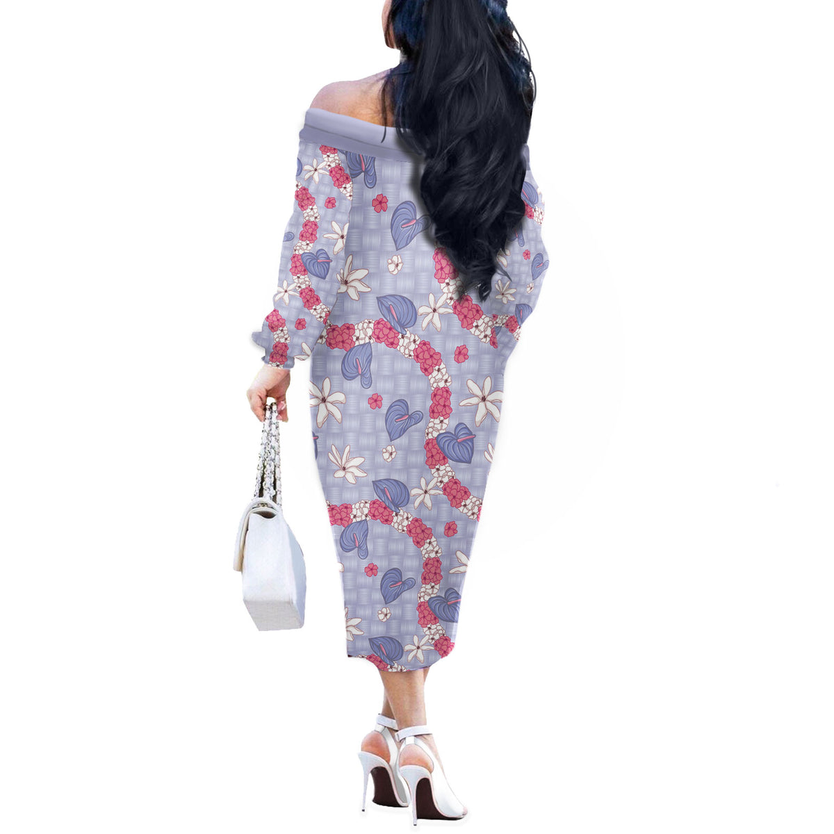 Hawaii Anthurium Tiare Pikake Lei Off The Shoulder Long Sleeve Dress Poni Lauhala Art Pattern LT01 - Polynesian Pride